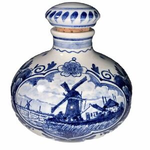 Vintage MCM Delft Blue Hand Painted Corked Jug Decanter